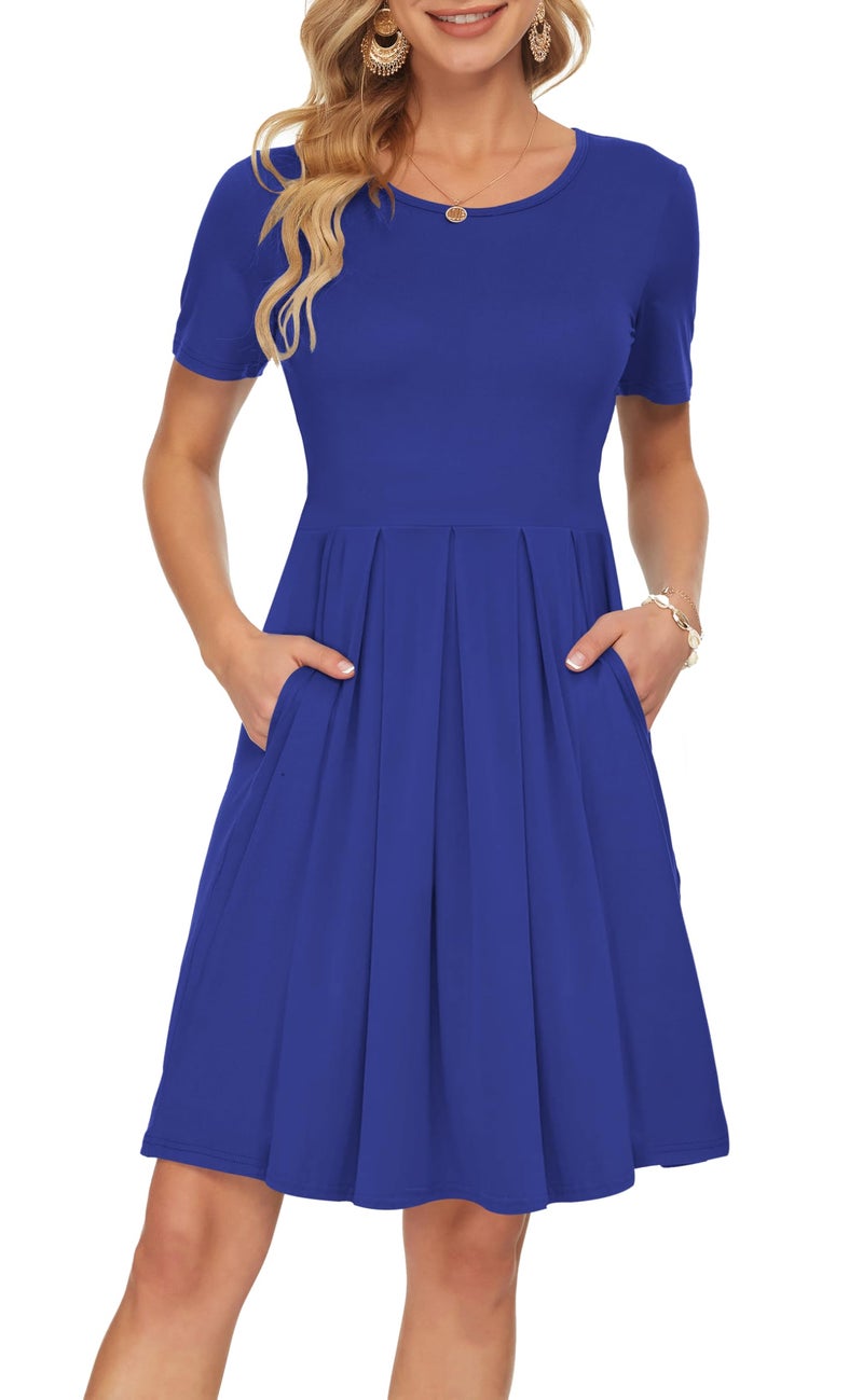 AUSELILY Women's Short Sleeve Summer Dress Pleated Loose Swing Knee Length Dresses with Pockets 2026 New Royal Blue XL - Image 1